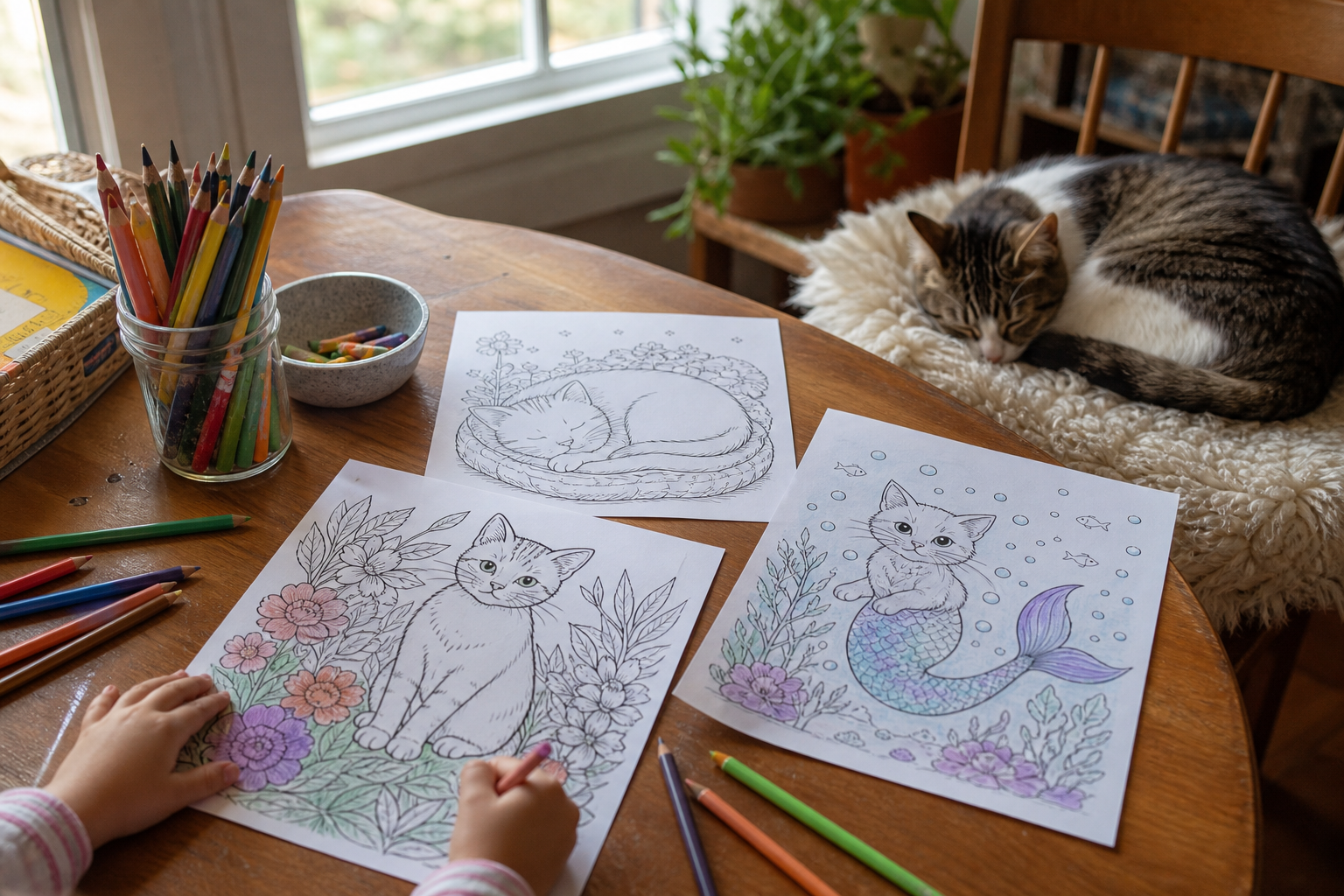 Choisir le bon coloriage de Chat à imprimer selon la scène